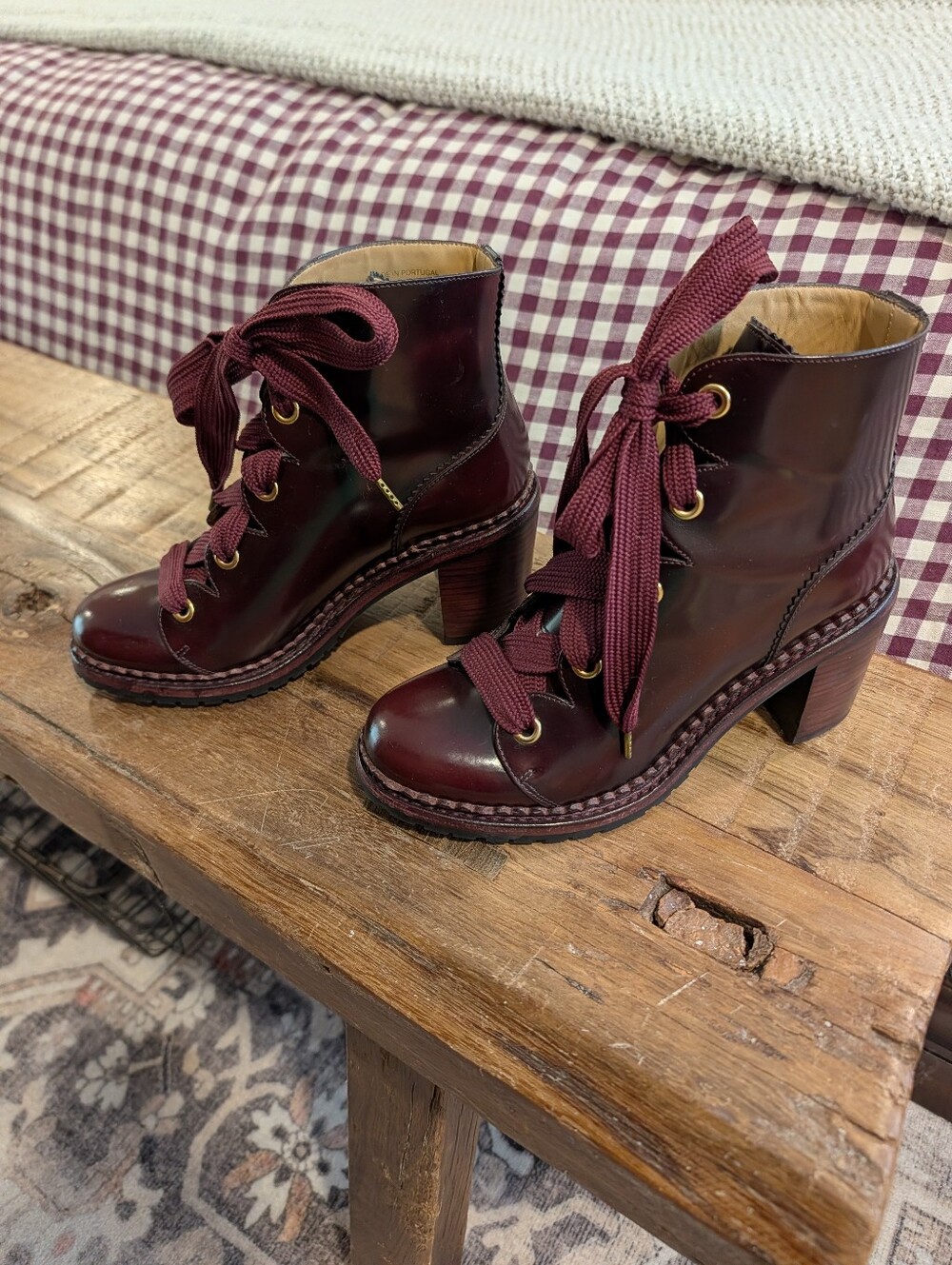 Women's The Office Of Angela Scott Burgundy Lace-Up Block Heel Boots, Size 37 - Picture 2 of 7